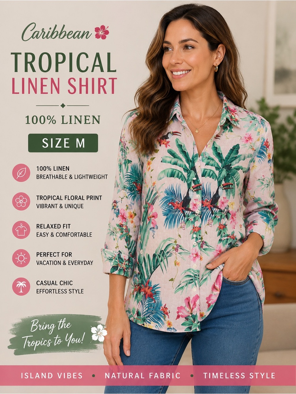 Caribbean 100% Linen Tropical Floral Toucan Shirt Size Medium Island Resort Wear